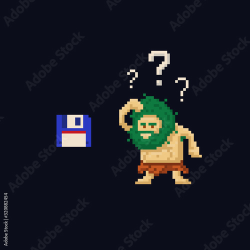 Pixel art primitive ancient cave man confused looking at floppy diskette. Vector illustration character. Game asset 8-bit sprite