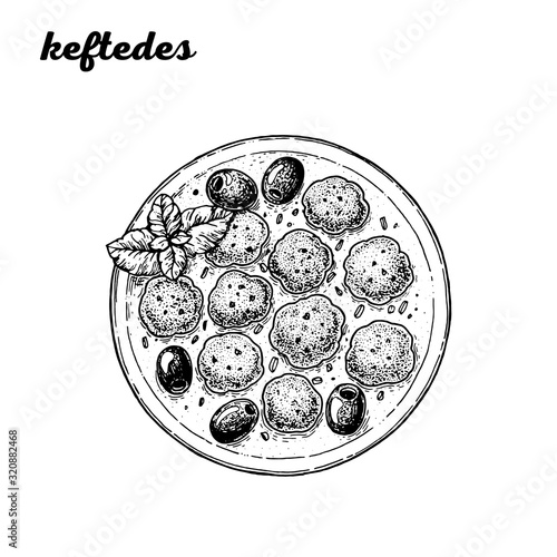 Keftedes hand drawn vector illustration. Greek cuisine. Linear graphic. Food sketch.