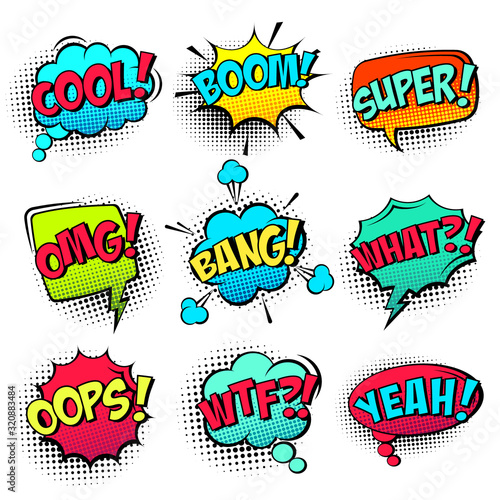 Comic colored speech bubbles with halftone shadow and text phrase. Sound expression of emotion. Hand drawn retro cartoon stickers. Pop art style. Vector illustration.