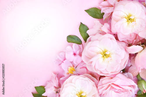 Pink spring blooming flowers or summer blossoming delicate roses festive background, pastel and soft bouquet floral card, selective focus, toned 