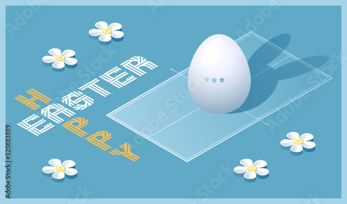 Happy Easter greeting card. Isometric illustration with 3D Easter egg as a ping pong ball and ping pong table. Vector illustration.