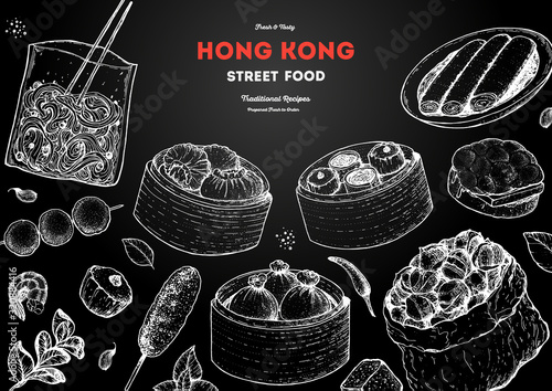 Hong kong street food frame. Chinese food menu design template. Engraved style illustration. Asian street food sketch. Vintage hand drawn sketch, vector illustration.