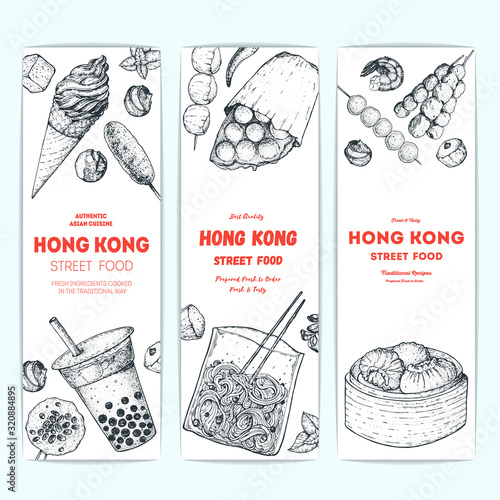 Hong kong street food banner collection. Chinese food menu design template. Vintage hand drawn sketch, vector illustration. Engraved style illustration. Asian street food sketch.