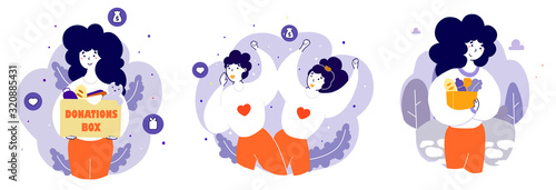 Charity organization activists at work flat vector illustrations set