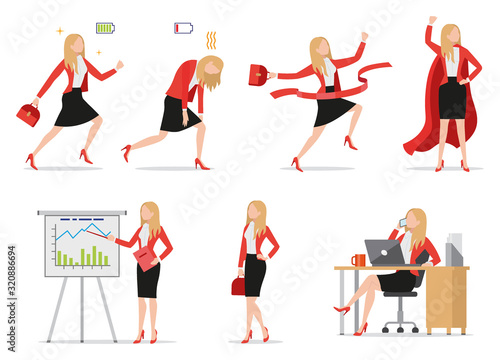 Set of flat style icons businesswoman in different situations, green and red battery signs, busy female talking on phone, presenting financial report, superwoman wearing cloak, vector illustration.