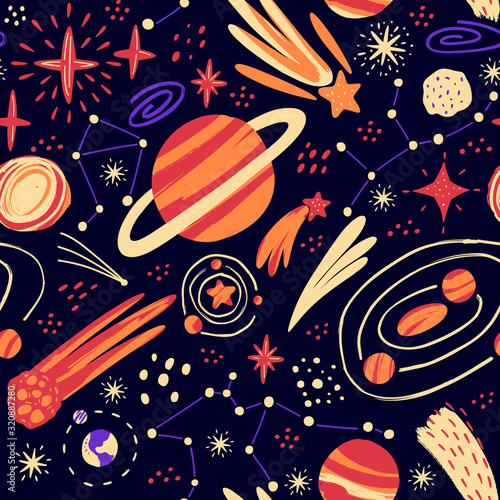 Hand drawn space elements seamless pattern. Space background for children, textiles, texture design. Vector illustration.