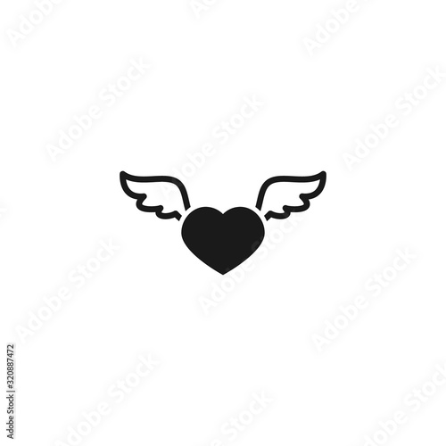 Flat black heart with wings isolated on white background. Love icon.