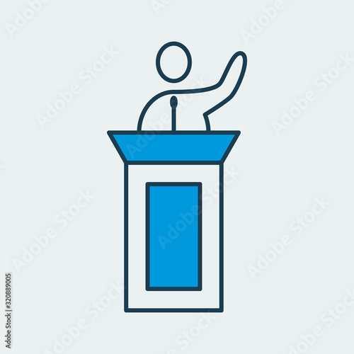 Vector icon of a person giving a speech from the rostrum. It represents speakers, politicians and more