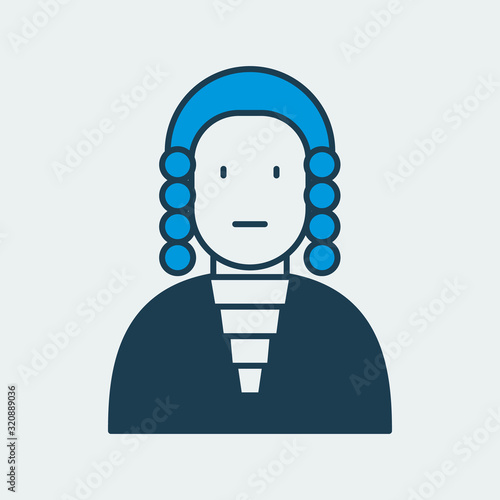 Vector icon of a judge wearing mantle and a wig. It represents work of a judge and a courthouse