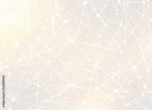 3d light information network texture. Bright beige blur background. Polygonal chain empty structure. Geometric base pattern. Imaginary connection system illustration.