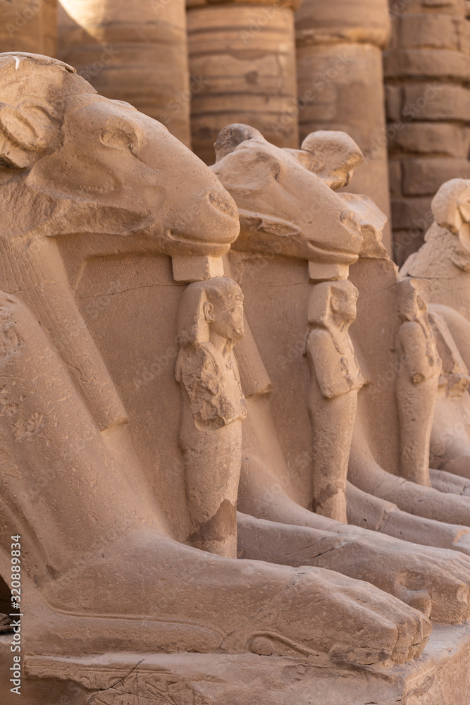 Alley of the ram-headed Sphinxes. Karnak Temple, complex of Amun-Re. Luxor, Egypt.