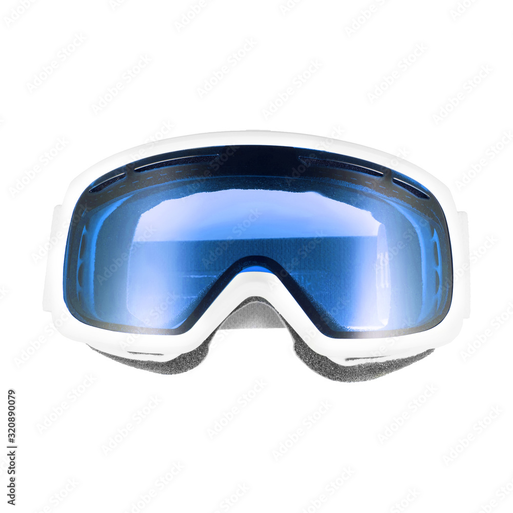 Ski Snowboard Goggles Isolated on White Background. Front View of White and  Blue Ski Glasses. Skiing Snow Goggles. Modern Sports Unisex Eyewear.  Snowboarding Protective Gear Stock Photo | Adobe Stock