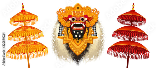 Traditional Balinese Barong mask and colorful ritual umbrellas vector illustrations set isolated on white background