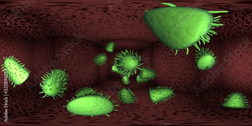 3d rendering Microscope virus- bacteria close up.  Equirectangular  360 VR image.  The medical panoramic background.