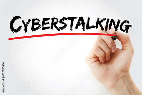 Cyberstalking text with marker, concept background photo