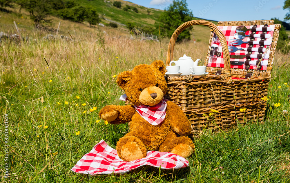 Teddy bears picnic in an English meadow in summer with traditional ...