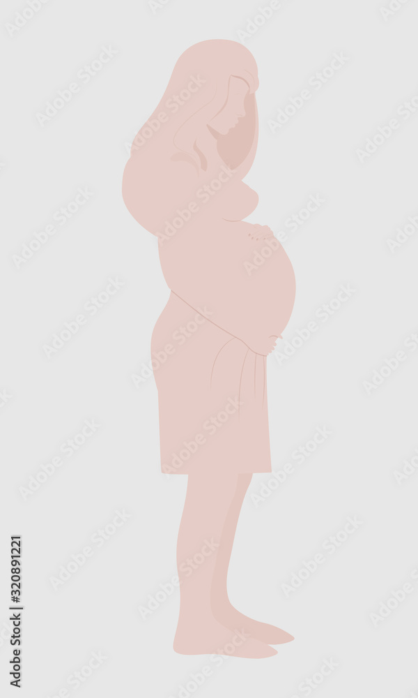 Silhouette of a pregnant girl in full growth. A woman in expectation of a child stands in profile. Vector. Flat cartoon style. The silhouette resembles a monument to mothers. Isolated on white Silhouette of a pregnant girl in full growth. A woman in expectation of a child stands in profile. Vector. Flat cartoon style. The silhouette resembles a monument to mothers. Isolated on white
