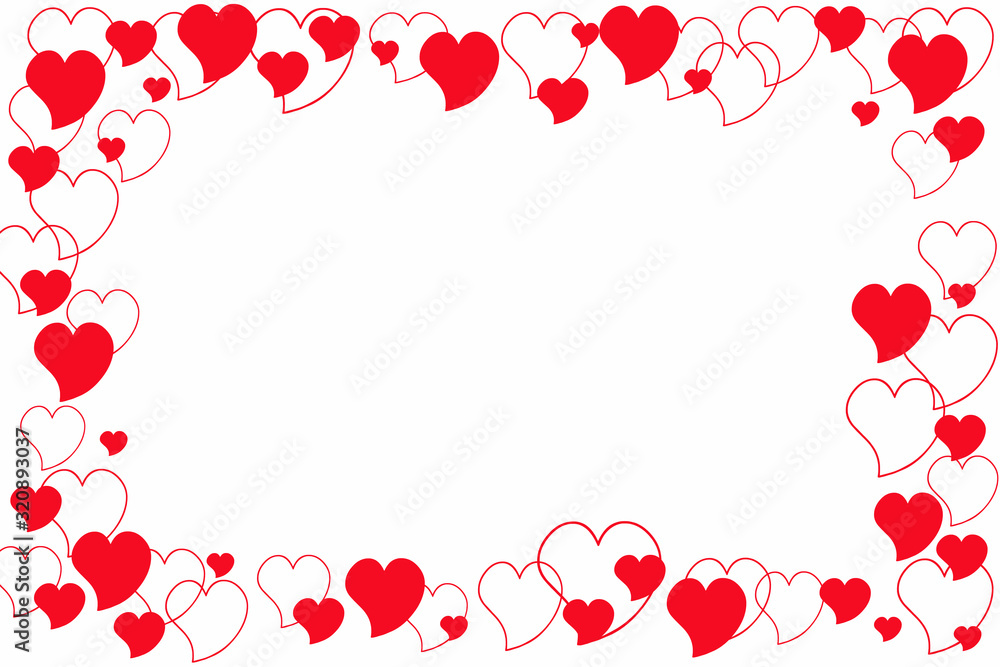 Red and white hearts on a white background, space for text