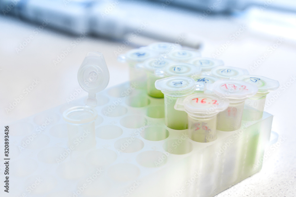 Microtube rack on the working surface in the scientific laboratory. Chemical equipment are on the white background. Clinical concept illustration. Microtube rack on the working surface in the scientific laboratory. Chemical equipment are on the white background. Clinical concept illustration.