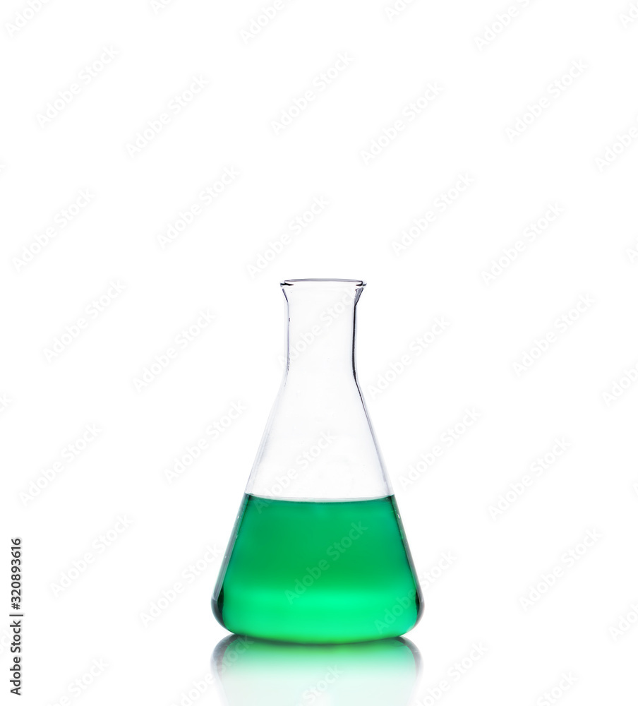 Erlenmeyer Flask filled by green liquid on white background Erlenmeyer Flask filled by green liquid on white background