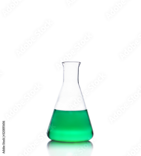 Erlenmeyer Flask filled by green liquid on white background