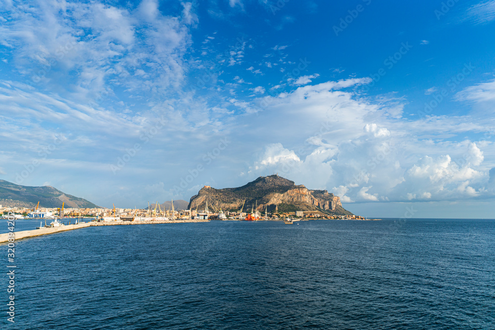 View on Pellegrino mountain and port of Palermo from the sea. Palermo, Italy, Sicily View on Pellegrino mountain and port of Palermo from the sea. Palermo, Italy, Sicily