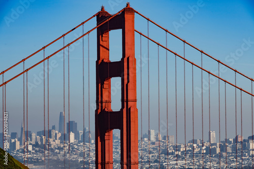 Golden Gate Bridge and San Francisco, Ca. cityscape view and skyline seen from the Marin Headlands in Sausalito, Ca.