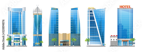 Set of modern hotel buildings, skyscraper towers with palm trees, architecture constructions, urban landscape, vector illustration isolated on white background.