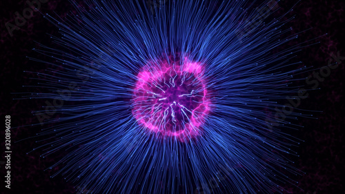 Abstract explosion background. Exploding particles. Blue and pink color.