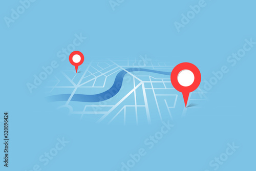 City street map plan with river GPS place pins and navigation route between point markers. Vector blue color perspective view isometric illustration location schema photo