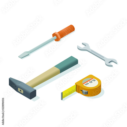 Vector isometric tools for repair,  hammer, screwdriver, tape measure, wrench. 