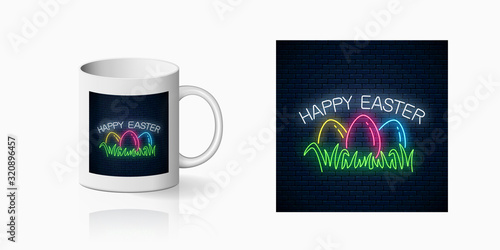 Neon happy easter sign with colored eggs on grass print for cup design. Easter funny greeting design, banner in neon