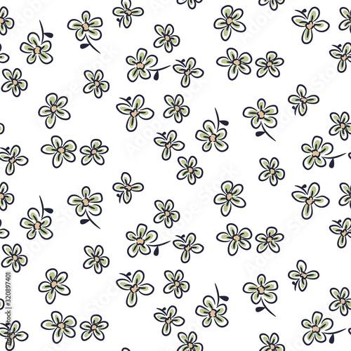 Seamless floral pattern with tiny leaves hand drawn style white colors.
