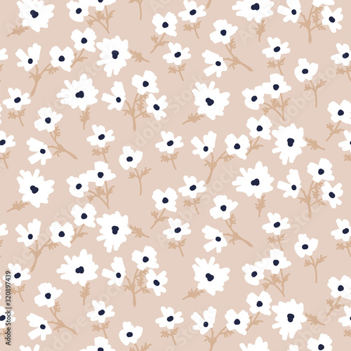 Seamless forget-me-not floral pattern with tiny leaves hand drawn style beige colors.