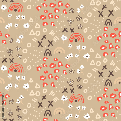 Abstract seamless pattern with different shapes and textures. Beige eclectic mixed background. Chaotic texture with floral and geometrical elements in hand drawn style.