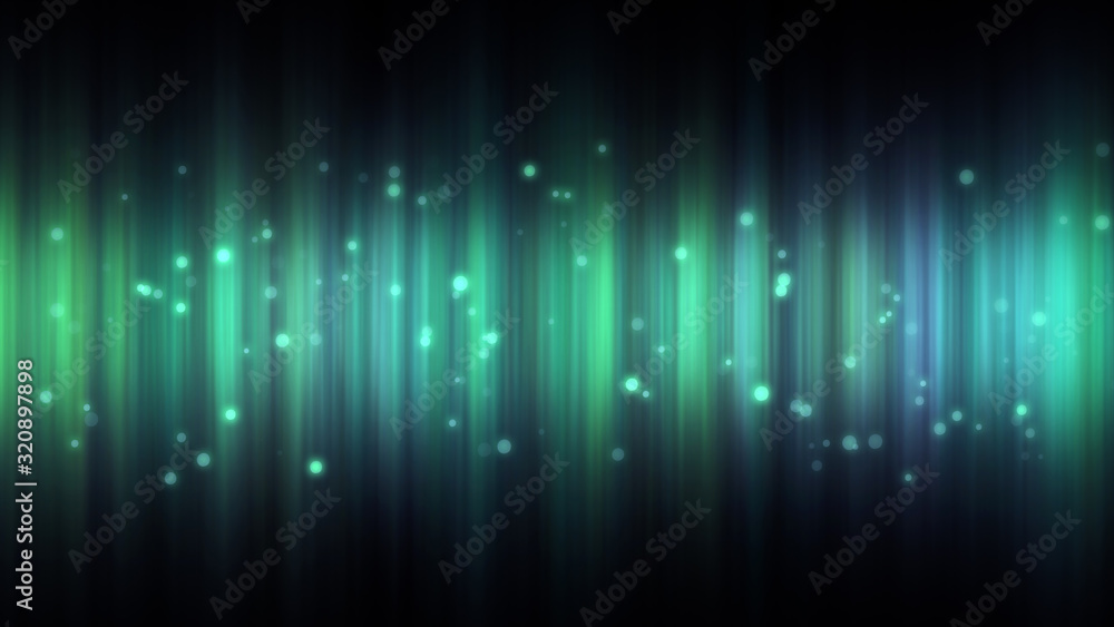 Bright green bokeh lights abstract background. Flying particles or dust. Vivid lightning. Merry christmas design. Blurred light dots. North lights.