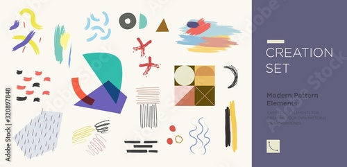 Set of abstract trendy hand drawn shapes and design elements. Pattern Creation set