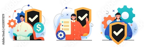 Protection and Security concepts. Illustrations of cartoon character with a shield. Perfect for web design, banner, mobile app, landing page