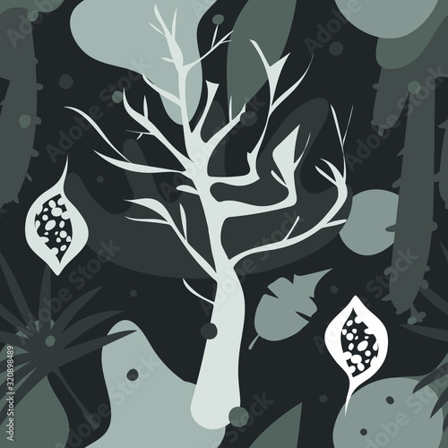 Black and white abstract nature pattern. Tree, leaves,flowers. Flat grey illustration.
