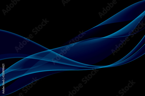 Black background with abstract translucent wavy and glowing blue lines. Futuristic 3D effect.