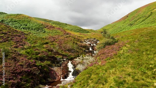 Aerial view Waterfall in Snowdonia National Park, Wales. photo