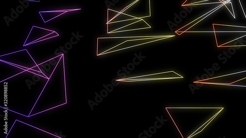 Abstract cg polygonal grid violet and yellow neon triangles. Geometric light motion background. Lowpoly wireframe © Bokehstore