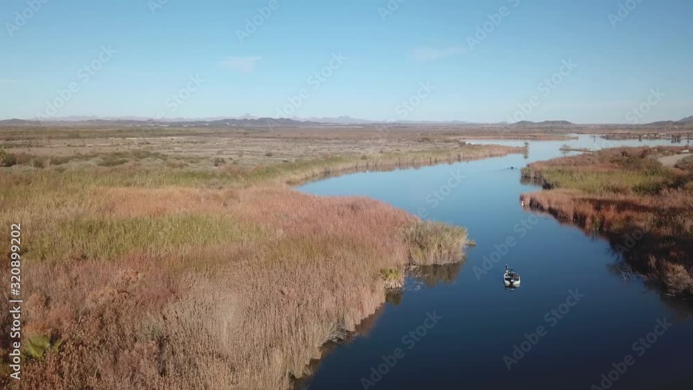Aerial fisherman in boat on lower Colorado River - Arizona