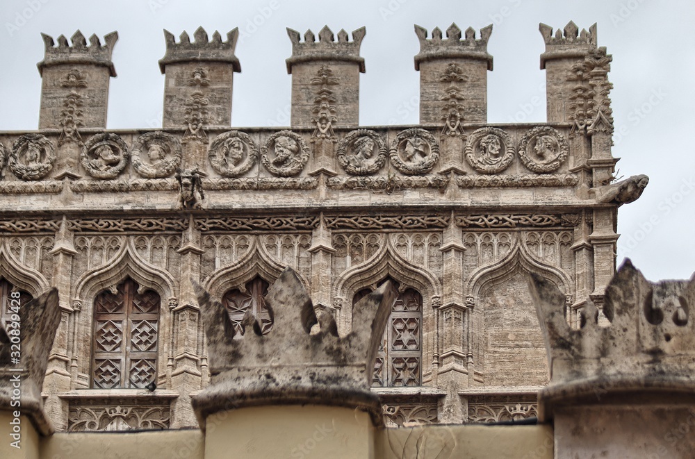 Lonja de la Seda (15th-16th century), UNESCO World Heritage List, Valencia, Spain. Architectural detail of facade