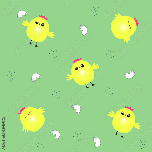Fun children's pattern with chicken. Happy easter. Vector illustration. Chick vector print.