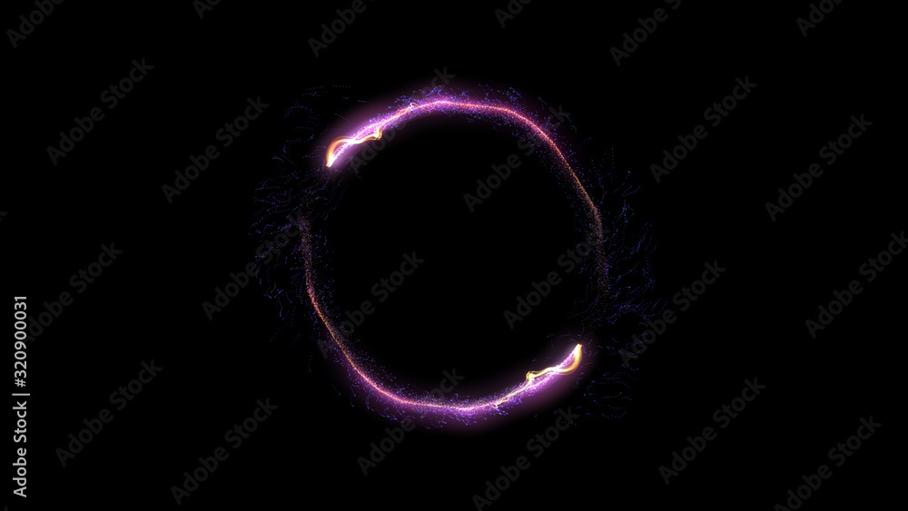 Neon circle. Round frame background. Multiple sparkle swirls. pink color. Glowing ring. Isolated on black. Neon circle. Round frame background. Multiple sparkle swirls. pink color. Glowing ring. Isolated on black.