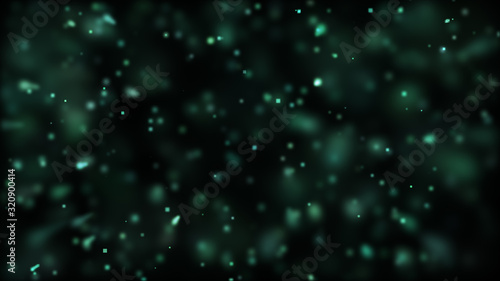 Bright green bokeh lights abstract background. Flying particles or dust. Vivid lightning. Merry christmas design. Blurred light dots.