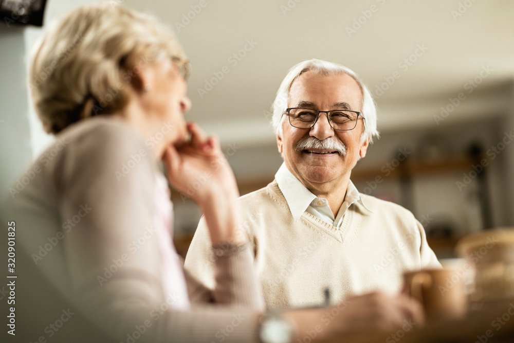 Happy senior man enjoying in conversation with his wife at home. Happy senior man enjoying in conversation with his wife at home.
