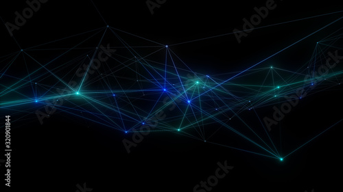 Abstract cg polygonal grid blue neon triangles. Geometric light motion background. Lowpoly wireframe