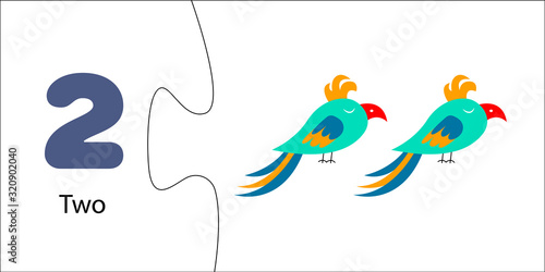 Number two with cute bird. game is two-piece puzzle. Educational card. Mathematics, arithmetic for children. Ordinary account for preschool children, kindergartens, child development centers
